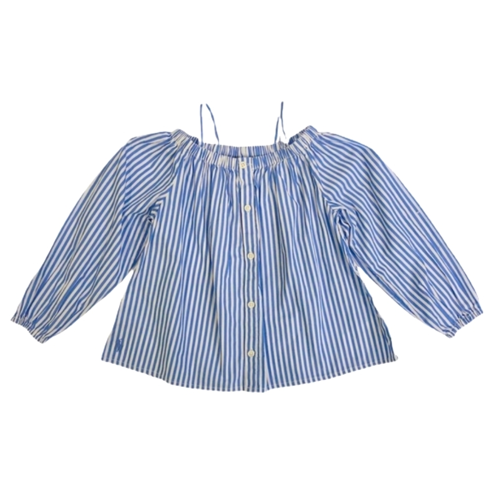 New Polo Ralph Lauren Girls' blue white  Stripe Off the Shoulder Blouse